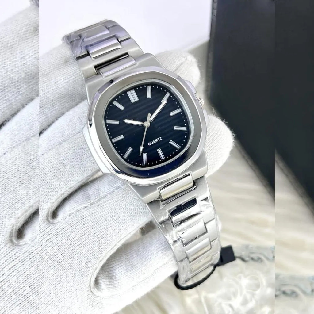 Men's Square Quartz Watch Steel Chain Strap Black Dial