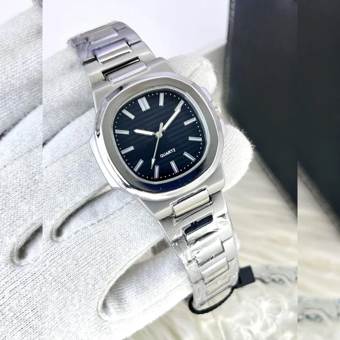 Men's Square Quartz Watch Steel Chain Strap Black Dial