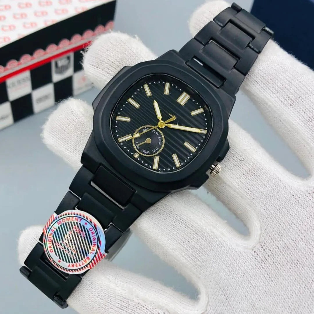 Men's Square Quartz Watch Steel Chain Strap Black Dial