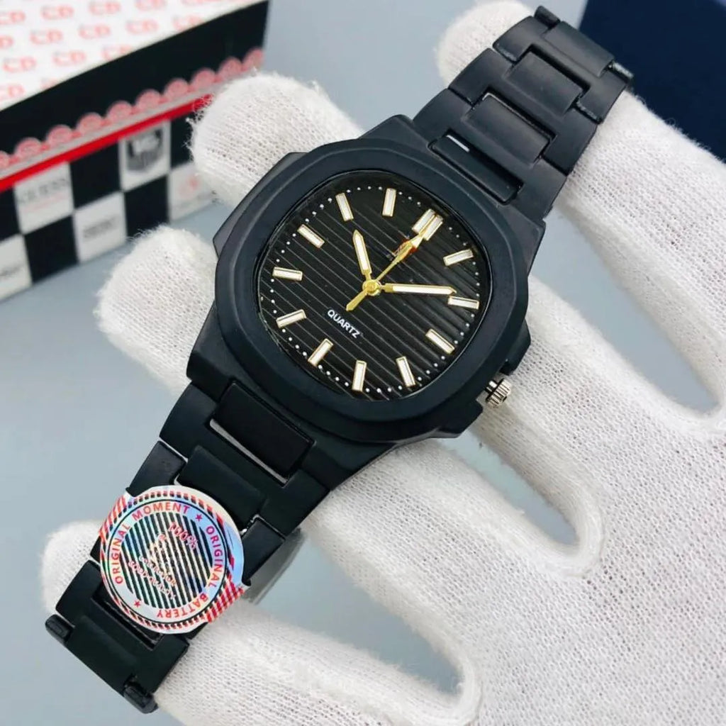 Men's Square Quartz Watch Steel Chain Strap Black Dial