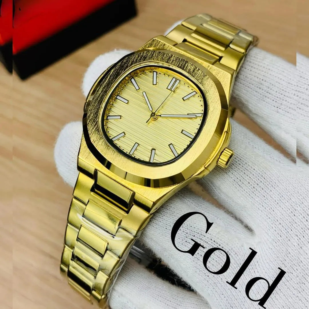 Men's Square Quartz Watch Steel Chain Strap Black Dial