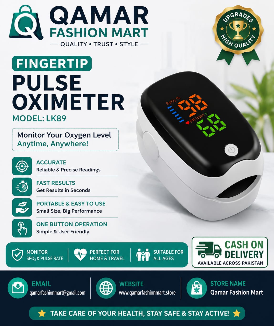 Fingertip Pulse Oximeter LK89 - SpO2 & Heart Rate Monitor with LED Display