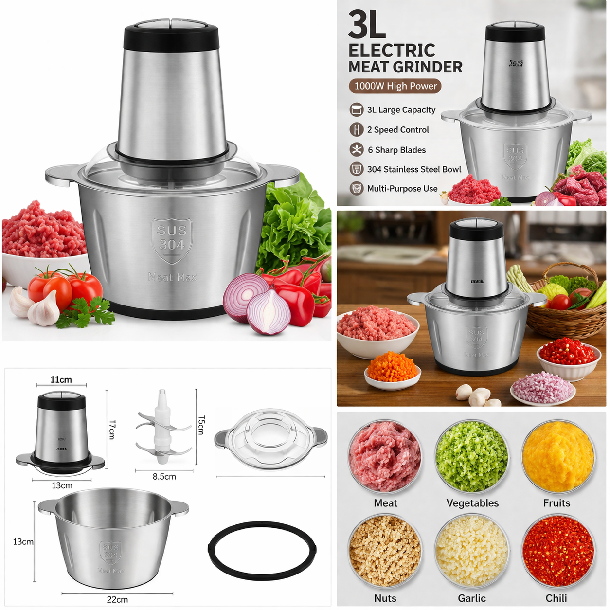Electric Meat Grinder 3L – 1000W Multi-Function Food Processor